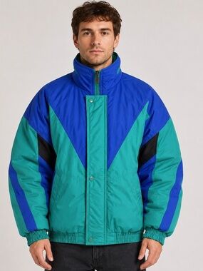 Vintage Steep Slopes Ski Jacket Men’s M Teal Blue Black Colorblock 80s 90s
